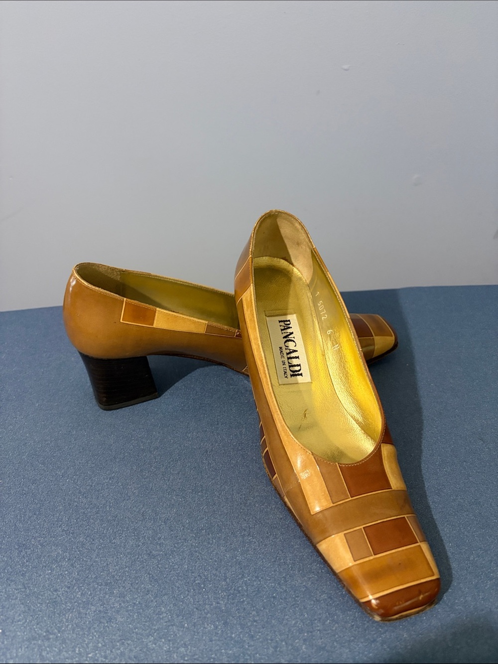 Pancaldi Patchwork Leather Mid-Heel Pumps in Tan and Brown